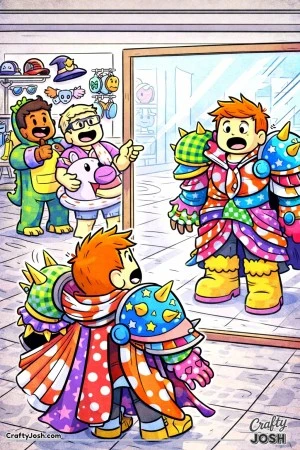 A silly Roblox-inspired customization studio scene where an avatar stares in shock at their own wildly mismatched outfit in the mirror while friends ..