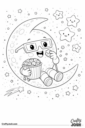 A smiling crescent moon wearing 3D glasses munches popcorn while watching friendly stars in space