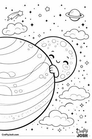 moon peeks from behind a big planet while holding onto its edge in a starry space sky