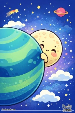 moon peeks from behind a big planet while holding onto its edge in a starry space sky