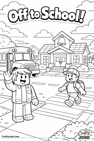A friendly Roblox-inspired morning scene showing a parent waving goodbye as a child walks across a crosswalk toward a small neighborhood school, with ..