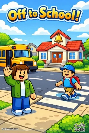 A friendly Roblox-inspired morning scene showing a parent waving goodbye as a child walks across a crosswalk toward a small neighborhood school, with ..