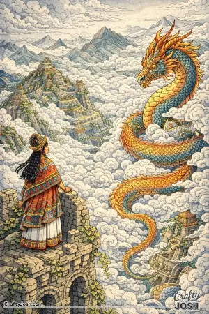 This colored illustration shows a princess standing high above a sea of clouds as a long dragon winds through the mountains like a living river.