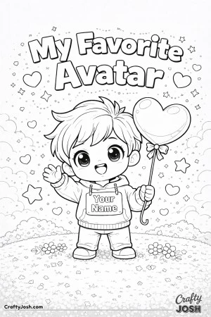 This Valentine’s Day coloring page features a cute avatar waving while holding a heart-shaped balloon under the message “My Favorite Avatar.”