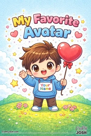 This Valentine’s Day coloring page features a cute avatar waving while holding a heart-shaped balloon under the message “My Favorite Avatar.”