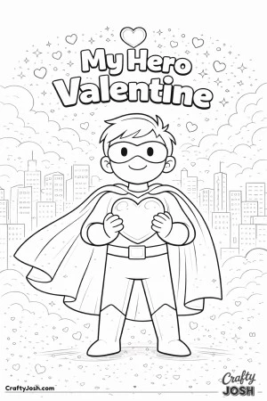 This fun Valentine’s Day coloring page features a friendly masked hero holding a heart with the message “My Hero Valentine.”