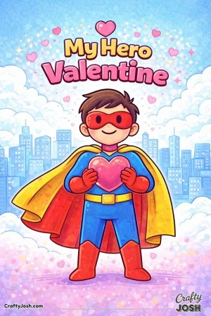 This fun Valentine’s Day coloring page features a friendly masked hero holding a heart with the message “My Hero Valentine.”