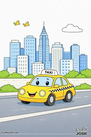 This cheerful New York City scene was first imagined in bright, simple colors with a smiling taxi driving past tall buildings