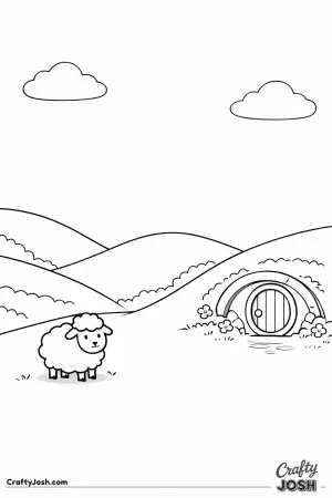 Soft green hills roll gently across this peaceful New Zealand scene, where a fluffy sheep stands near a cozy little round house tucked into the hill