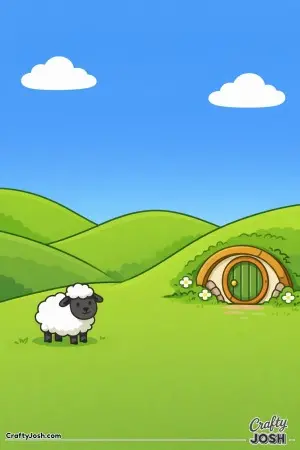 Soft green hills roll gently across this peaceful New Zealand scene, where a fluffy sheep stands near a cozy little round house tucked into the hill