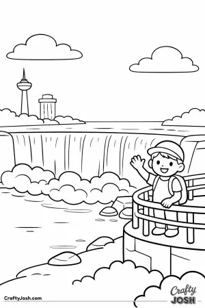 A happy tourist waves hello while standing on a lookout platform beside the powerful Niagara Falls.