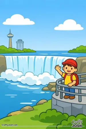 A happy tourist waves hello while standing on a lookout platform beside the powerful Niagara Falls.