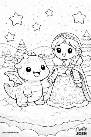 This magical scene shows a Nordic princess in a star-patterned dress standing beside her friendly dragon under a sparkling night sky