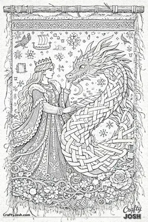 This colorful illustration is designed to look like a grand Nordic tapestry, showing a Scandinavian princess and her dragon woven together with ..