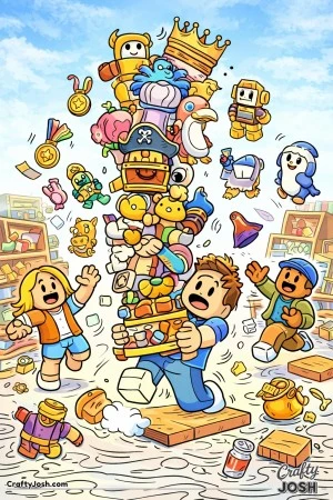 A funny Roblox-inspired shop scene where an avatar struggles to balance a towering stack of oversized collectibles as other avatars scramble to catch ..