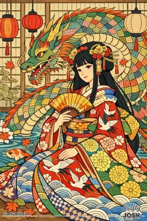 This illustration shows a calm Japanese princess and her dragon posed like a traditional print, surrounded by rich patterns, flowing fabrics, and ..