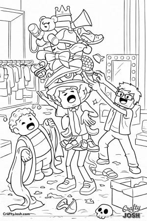 A funny Roblox-inspired coloring page set backstage at a fashion show, where blocky avatars struggle with an absurd pile of oversized hats, shoes, ..
