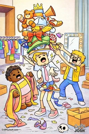 A funny Roblox-inspired coloring page set backstage at a fashion show, where blocky avatars struggle with an absurd pile of oversized hats, shoes, ..