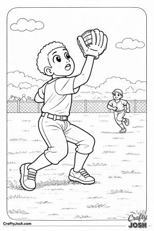 This coloring page shows a young outfielder running back while looking over their shoulder to catch a deep fly ballp