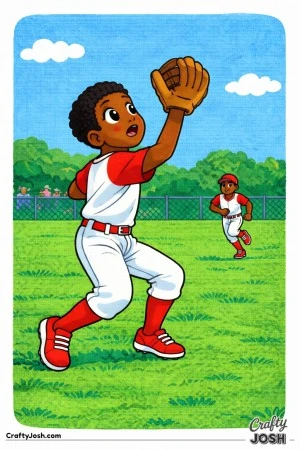 This coloring page shows a young outfielder running back while looking over their shoulder to catch a deep fly ballp