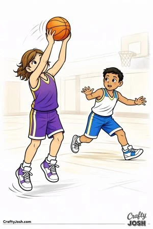 A young basketball player throws a high overhead pass to a teammate cutting toward the basket near the hoop