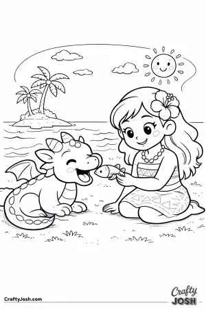 A Pacific Islander princess smiles as she feeds a happy dragon a single fish by the ocean