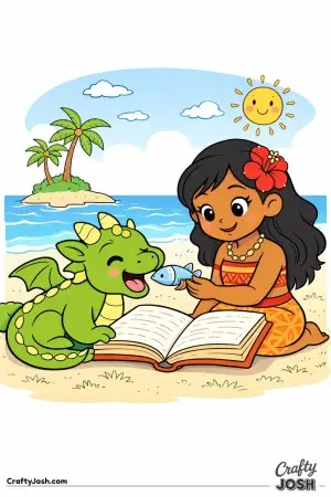 A Pacific Islander princess smiles as she feeds a happy dragon a single fish by the ocean