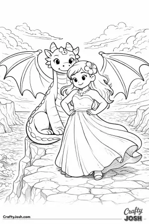 A princess stands on cliffs over the sea while a dragon spreads its wings behind her