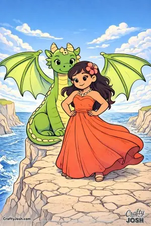 A princess stands on cliffs over the sea while a dragon spreads its wings behind her