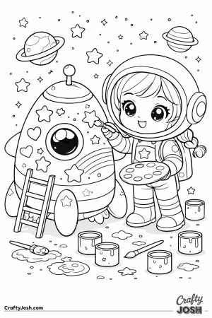 A girl astronaut paints stars and shapes on her rocket ship while paint cans and brushes sit nearby, with planets and stars in the sky