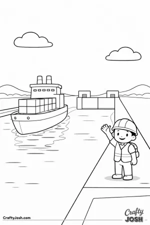 A big ship glides through the Panama Canal while a friendly worker waves hello from the side.