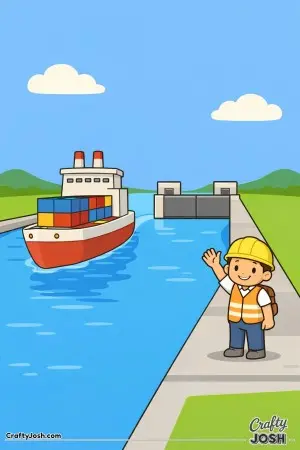 A big ship glides through the Panama Canal while a friendly worker waves hello from the side.