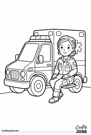 Paramedic sitting by ambulance coloring page