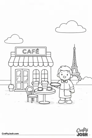 A waiter stands beside a café table in Paris, inspired by a bright and simple color illustration full of charm
