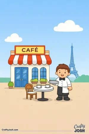 A waiter stands beside a café table in Paris, inspired by a bright and simple color illustration full of charm
