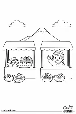 Step into a simple mountain market in Peru, inspired by the colorful scene filled with baskets, produce, and a smiling seller.