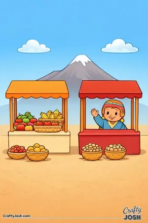 Step into a simple mountain market in Peru, inspired by the colorful scene filled with baskets, produce, and a smiling seller.