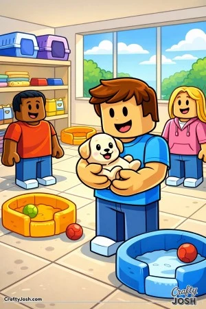 A Roblox-inspired pet nursery scene showing a smiling avatar holding a baby pet while other friendly avatars watch beside pet beds, toys, and neatly ..