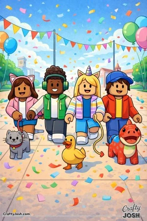 A joyful Roblox-inspired coloring page showing a group of blocky avatars walking together in a festive pet parade, with happy pets, floating ..