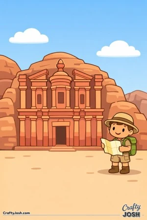Travel to the desert canyons of Jordan and discover the Petra Treasury, a giant stone building hidden in the rocks