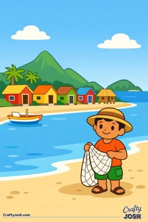 A happy fisherman, cozy beach houses, and gentle waves make this scene feel calm and welcoming, just like the original colored picture.