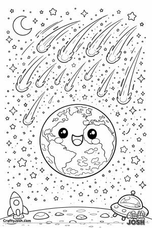 A planet floats in a starry sky while a meteor shower streaks overhead like fireworks, with a crescent moon above and a small rocket and UFO on the ..