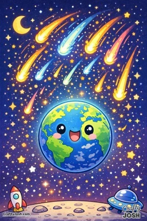 A planet floats in a starry sky while a meteor shower streaks overhead like fireworks, with a crescent moon above and a small rocket and UFO on the ..