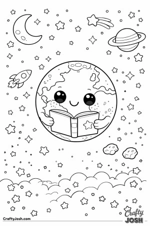 planet floats in space while reading an open book