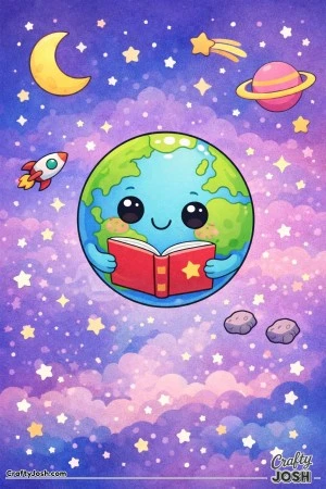 planet floats in space while reading an open book