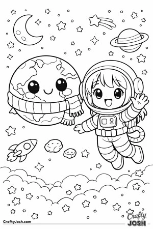 A smiling planet with big eyes and a cozy scarf floats beside a girl astronaut who waves happily in space