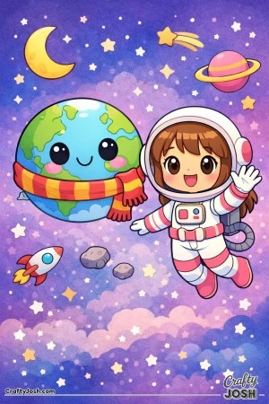 A smiling planet with big eyes and a cozy scarf floats beside a girl astronaut who waves happily in space