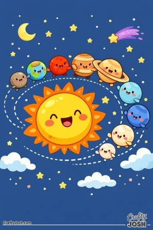sun sits in the center while a line of cute little planets plays follow-the-leader along a dotted orbit path