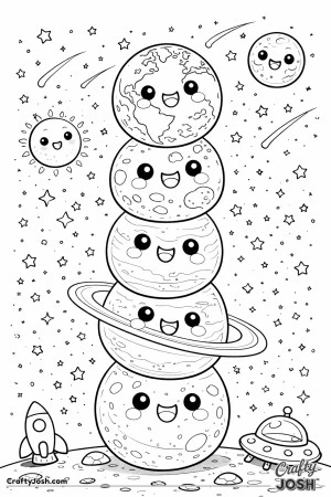 A tall stack of planets is piled up like snowmen in space, surrounded by stars, shooting stars, a little sun and moon, plus a rocket and a UFO on the ..
