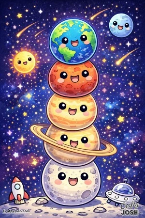 A tall stack of planets is piled up like snowmen in space, surrounded by stars, shooting stars, a little sun and moon, plus a rocket and a UFO on the ..